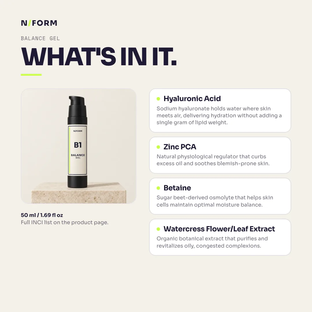 What is in Balance Gel: Hyaluronic Acid, Zinc PCA, Betaine, Watercress Flower/Leaf Extract