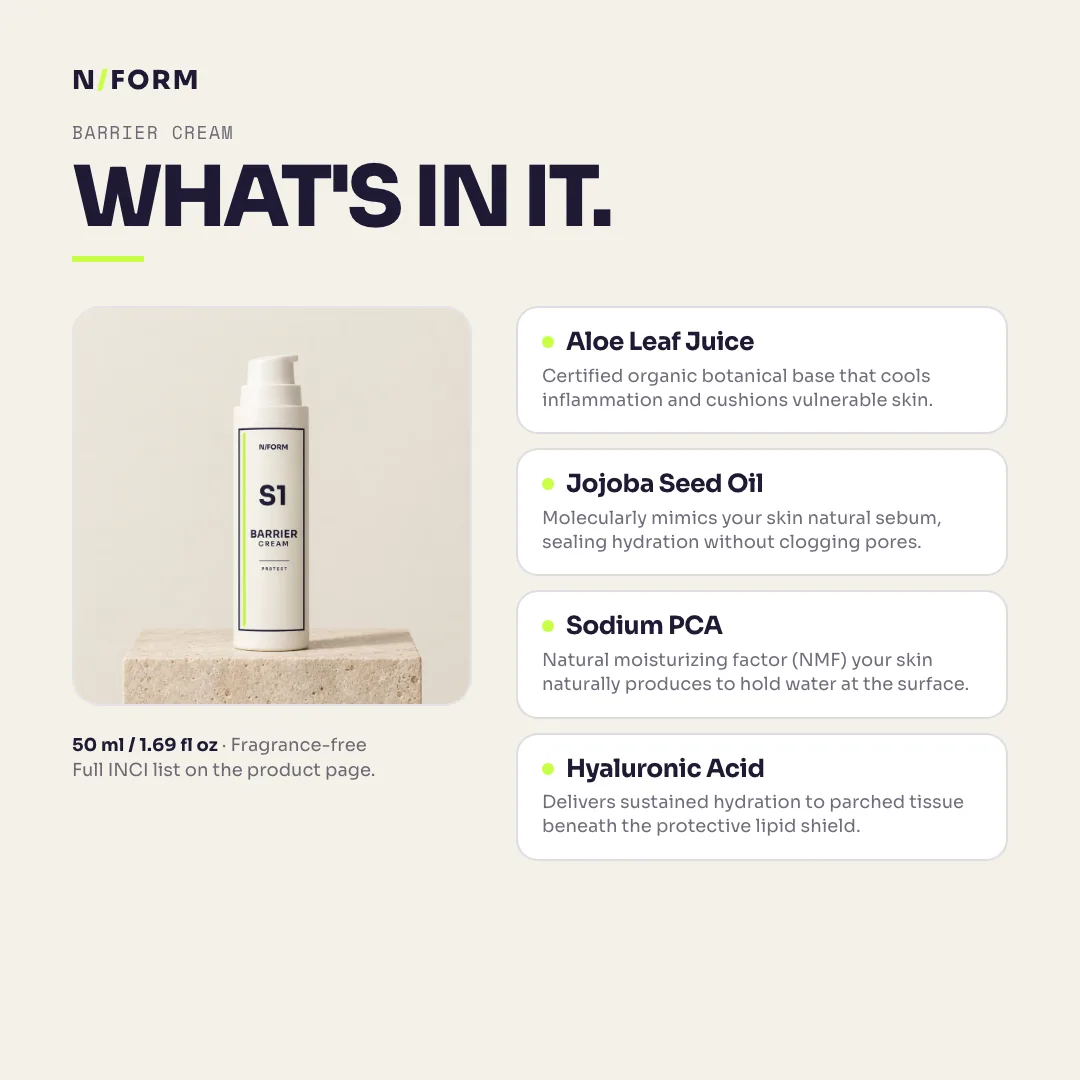 What is in Barrier Cream: Aloe Leaf Juice, Jojoba Seed Oil, Sodium PCA, Hyaluronic Acid