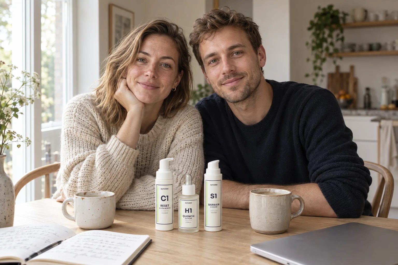 Fenna and Stan side by side at a kitchen table, with a cleanser, a serum and a cream from N/FORM in front of them.