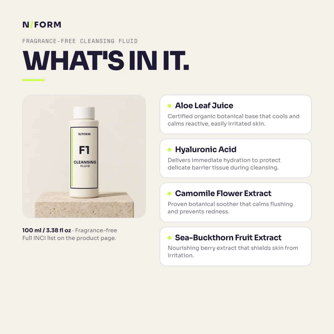 What is in Fragrance-Free Cleansing Fluid: Aloe Leaf Juice, Hyaluronic Acid, Camomile Flower Extract, Sea-Buckthorn Fruit Extract