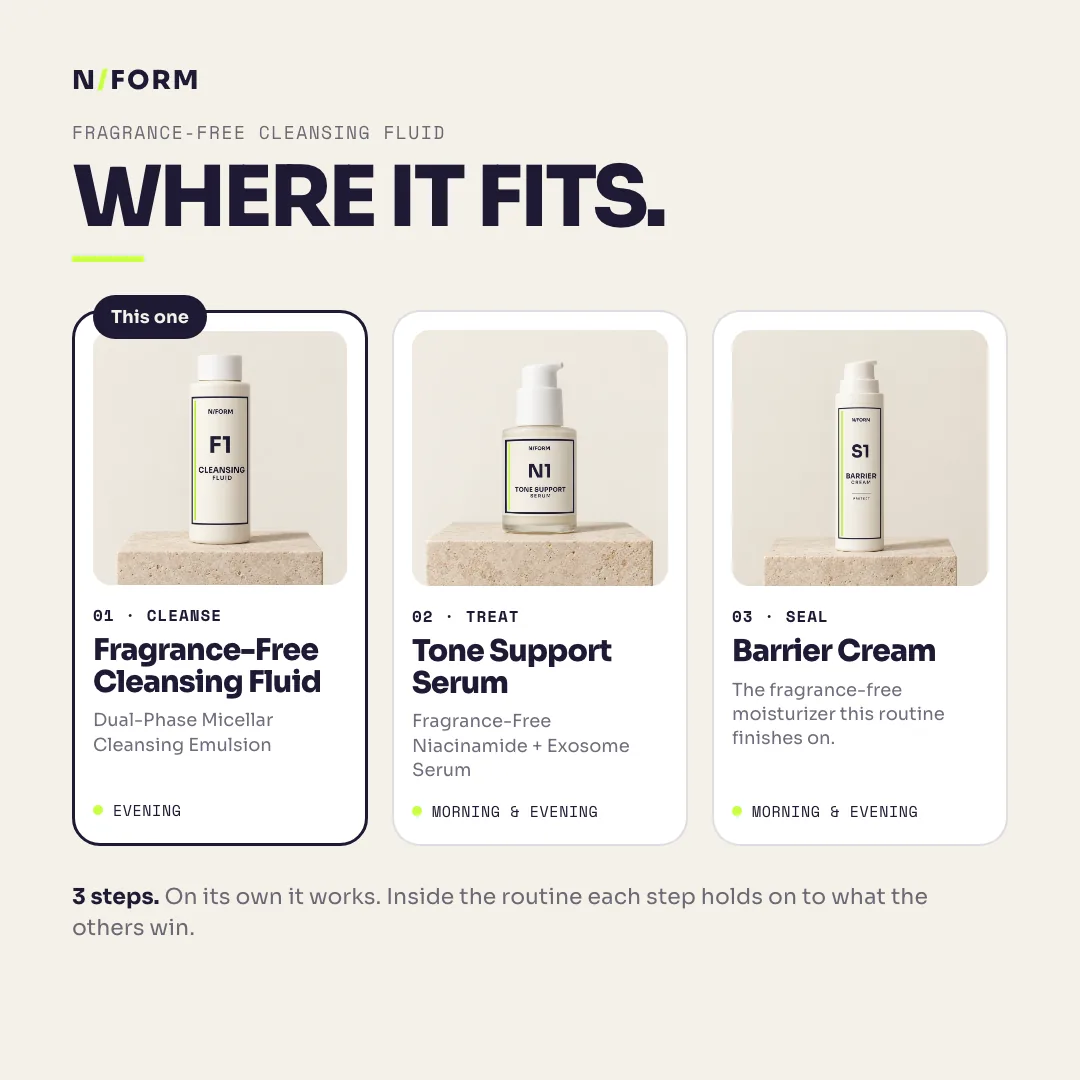 Where Fragrance-Free Cleansing Fluid fits: Fragrance-Free Cleansing Fluid, Tone Support Serum, Barrier Cream