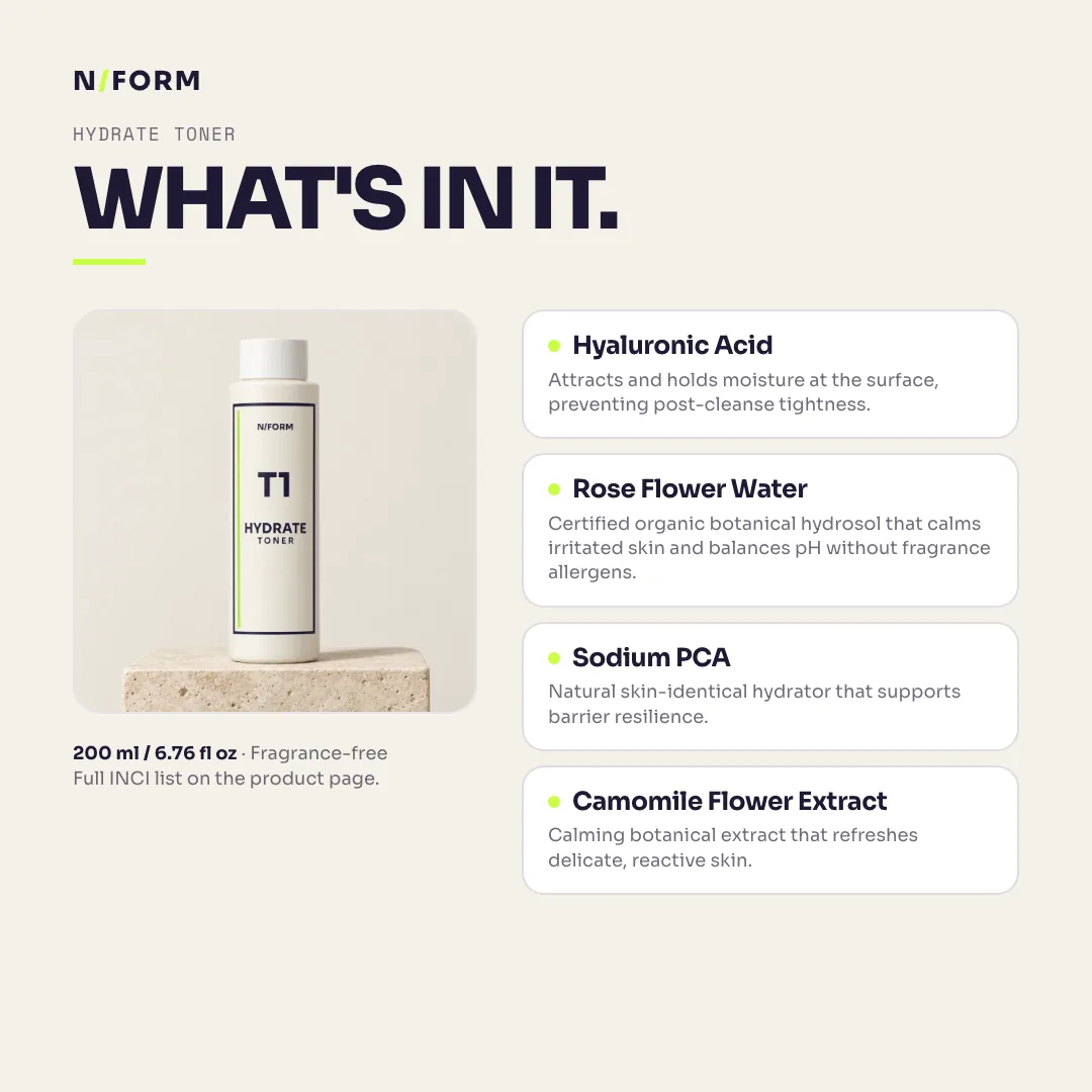 What is in Hydrate Toner: Hyaluronic Acid, Rose Flower Water, Sodium PCA, Camomile Flower Extract