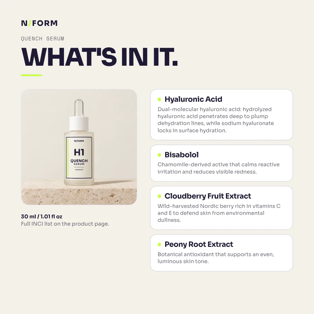 What is in Quench Serum: Hyaluronic Acid, Bisabolol, Cloudberry Fruit Extract, Peony Root Extract