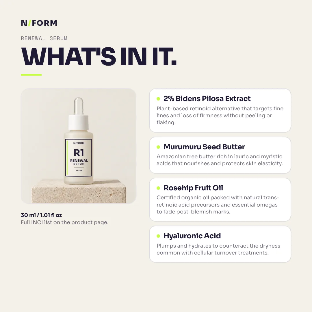 What is in Renewal Serum: 2% Bidens Pilosa Extract, Murumuru Seed Butter, Rosehip Fruit Oil, Hyaluronic Acid