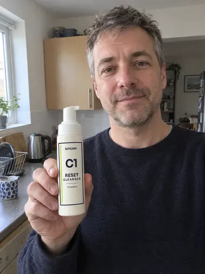 A man holding the C1 Reset Cleanser bottle in a kitchen